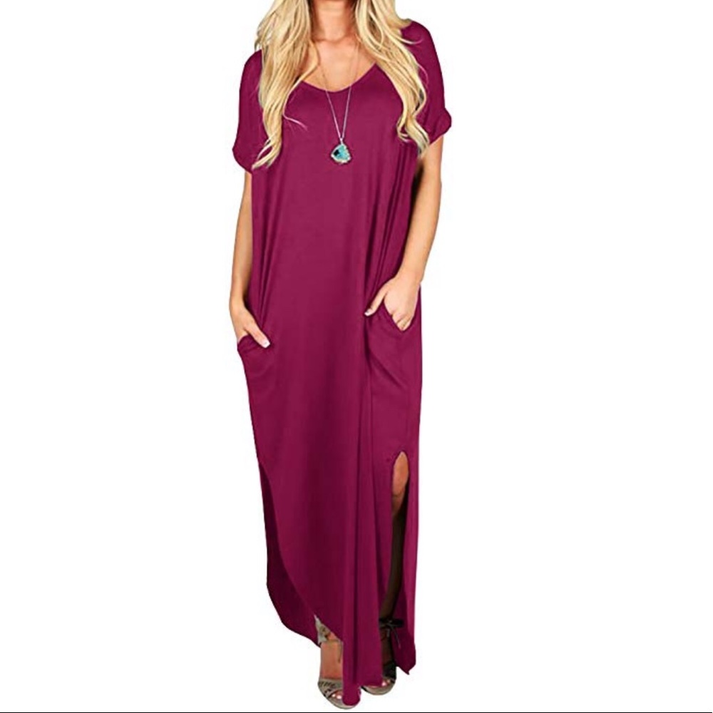 Burgundy Red Cami Boho Maxi Dress With Pockets - Picture 4 of 6